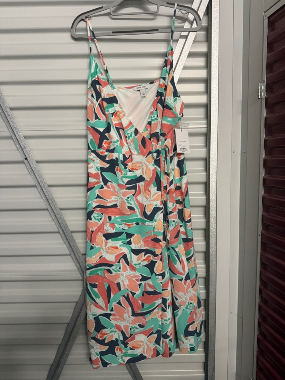 Nine West Coral, Teal & Navy Floral Wrap Midi Dress